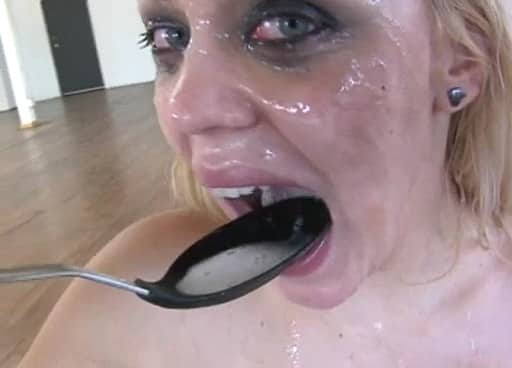 Rough Throat Banged Whore Feasting on Loads of Cum